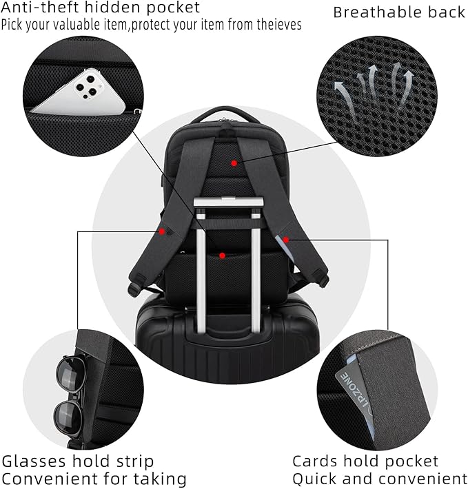 DUSLANG 17 Inch Laptop Backpack for Travel Water Resistant College Backpack for Men Women Laptop Bag with USB Charging Port black lock,Black
