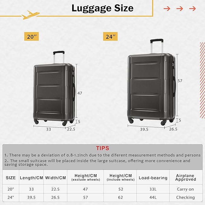 Luggage Sets, 2 Piece Carry on Luggage Set with Travel Bags, 2 Piece Expandable Spinner Hardshell Suitcase with TSA Lock, Back to School Suitcase, Women Men, Dark Grey, 20/24 inch
