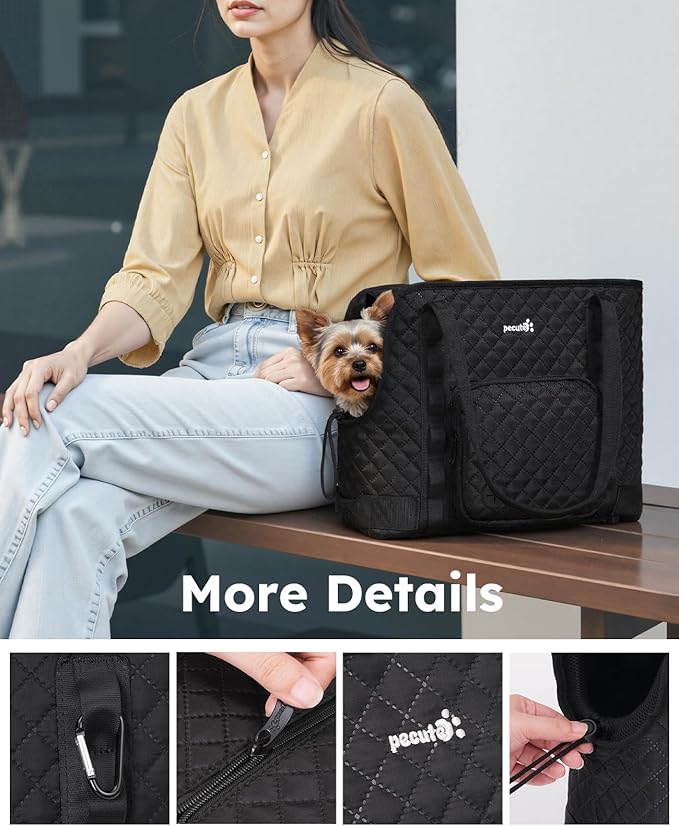Pecute Dog Purse Carrier, Dog Carrier with Pockets for Small Dogs, Fits Dogs 5 lbs to 9 lbs, Cat and Puppies Tote Bag, Outing, Travel, Vet, Black