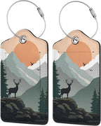 2 Pack Luggage Tags for Suitcases, PU Leather Bag Tag with Privacy Cover Address Card Travel Essentials-Sunrise Forest Deer