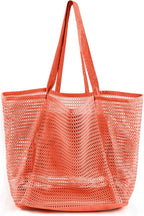 HOHOM Beach Bags for Women, Summer Travel Mesh Tote Bag with Large Inner Pocket, Sandproof Woven Shoulder Handbag