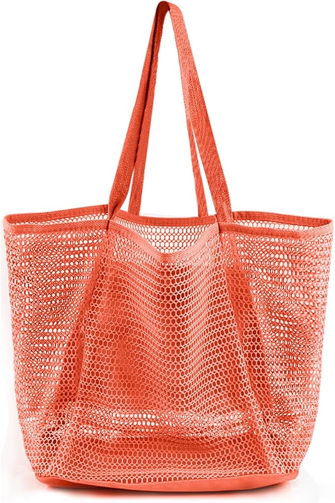 HOHOM Beach Bags for Women, Summer Travel Mesh Tote Bag with Large Inner Pocket, Sandproof Woven Shoulder Handbag