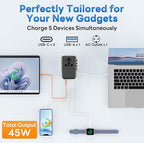 Universal Travel Adapter - 45W International Power Adapter with PD Fast Charging, All-in-One Travel Essentials Plug Adapter for USA to European UK AUS India, Type C/G/D/I/A
