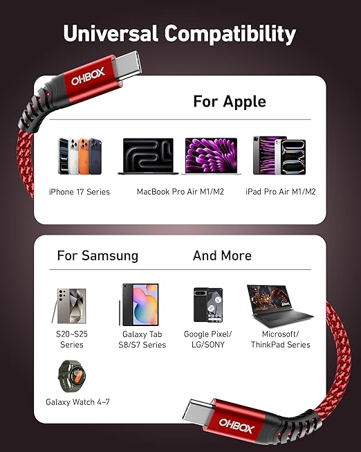 USB C to USB C Cable 60W [2Pack 10FT], USB Type C Fast Charging Cable for Car Durable Braided iPhone USB-C Cable USBC to USBC Cord for iPhone 17/16/15/Pro Max/Plus, Samsung Galaxy S23 and More-Red