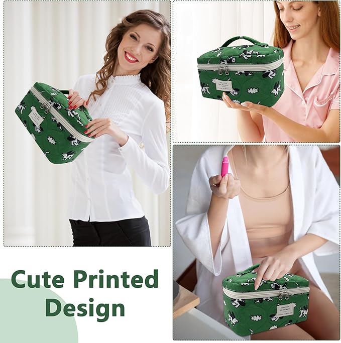 Gosect Large Makeup Bag, Cute Cosmetic Bag for Women Girls, Floral Coquette Aesthetic Toiletry Bag, Travel Make Up Organizer Bag (Green Dog Print