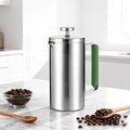 Stainless Steel French Press Coffee Maker 21OZ(0.6 Litre), Camping Coffee Press with Green Handle for Personal, Office, Travel(Sanding Silver, 1-3 Cups)