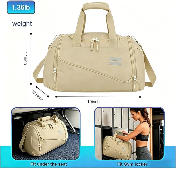 Gym Bag for Men & Women - 30L Duffel Bag with Shoe Compartment, Weekender Water Resistant Duffle Bag for Travel, Sports, Fitness & Workouts, Khaki