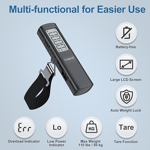 Battery-Free Digital Luggage Scale, 110lbs/50kg Portable Handheld Hanging Scale for Luggages, Suitcases, Backpacks & Bags, Easy Weighing for Travel, No Need Batteries (Black)