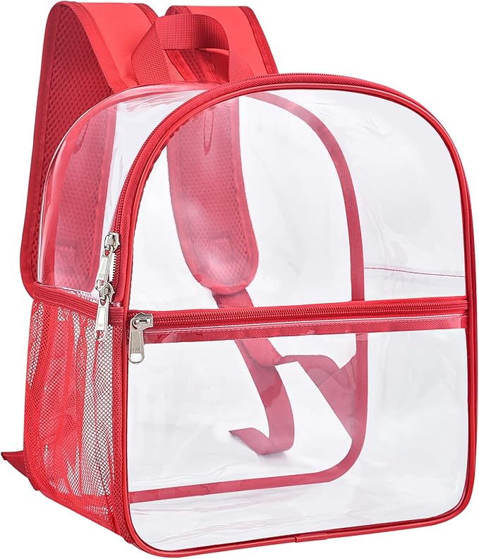 Paxiland Clear Backpack Stadium Approved 12×12×6 with Reinforced and Wider Shoulder Straps, Small Clear Bag for Schools, Concerts, Work, Festivals and Sporting Events - Red