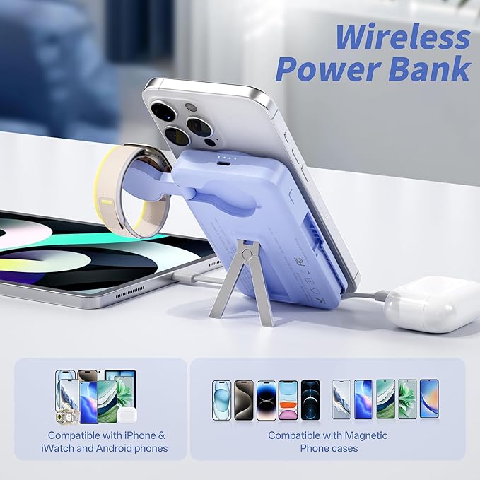 Magnetic Portable Charger Built-in Cables,10000mAh Fast Charging Wireless Charger Station External Battery Pack Slim Pocket Size Power Bank with Stand Compatible with iWatch, iPhone