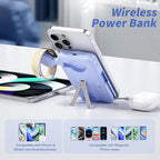Magnetic Portable Charger Built-in Cables,10000mAh Fast Charging Wireless Charger Station External Battery Pack Slim Pocket Size Power Bank with Stand Compatible with iWatch, iPhone