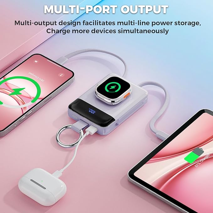 Portable Charger,5000mAh PD 20W Super Fast Charging Power Bank with Built-in Cables,Travel Keychain Battery Pack for Apple Watch Ultra/11/10/9/8/7/6/SE,iPhone 17/16/15/14/13/12 (Purple)