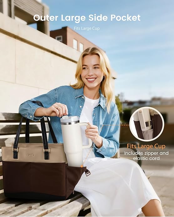 LOVEVOOK Laptop Tote Bag for Women with 3 Separate Pocket Work Bag with Large Cup Holder Computer Briefcase for Teacher Nurse