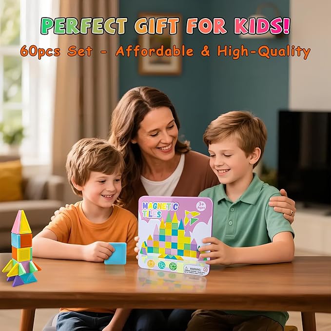 Magnetic Tiles,60PCS Magnetic Building Blocks with Metal Storage Box,Magnetic Tiles for Kids Ages 3+,Magnet Tiles for Boys & Girls(Macaron)