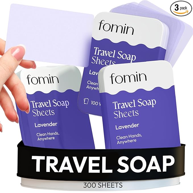 FOMIN - Antibacterial Paper Soap Sheets for Traveling - 300 Lavender Portable Hand Soap Sheets for Travel in Tin - Dissolvable Mini Portable Travel Soap Sheet for Hand Washing, Camping and Hiking