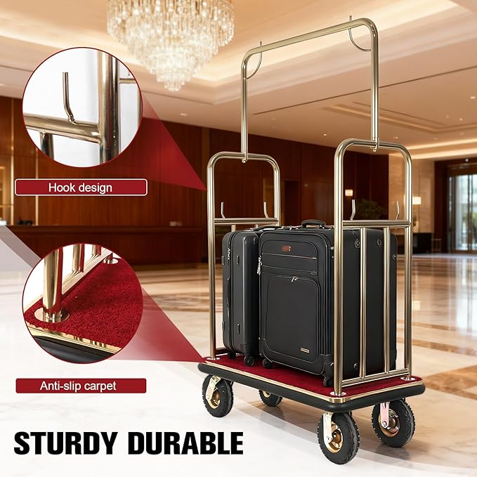 Generic Hotel Luggage Cart 39Lx19Wx68H Inch Luggage Service Trolley Holds 881lbs 8-inch Silent Rubber Casters Carpet Deck Bumper Rails Gold Finished Hotel Cart for Hospitality Industry
