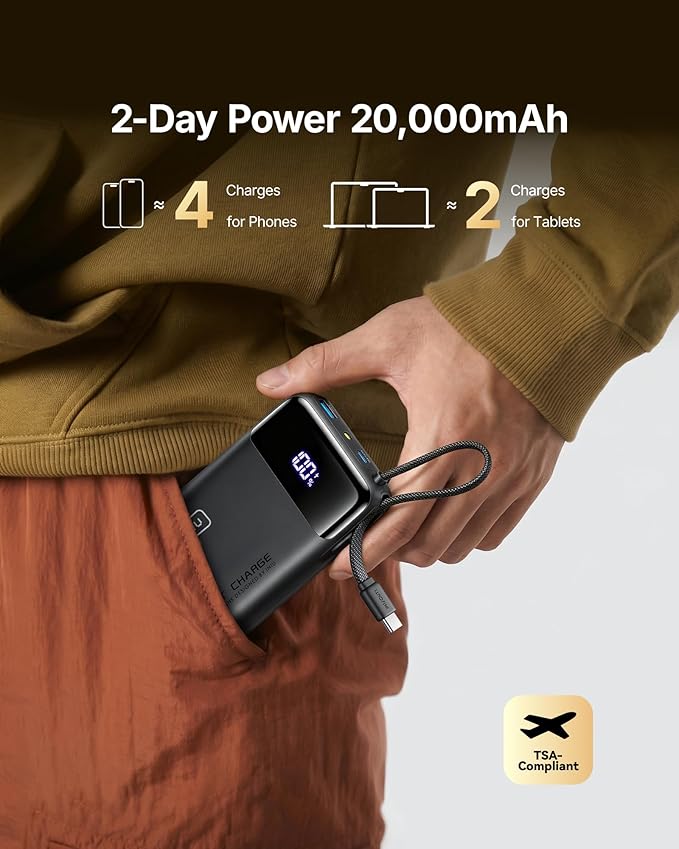 INIU 20000mAh Power Bank, Small 45W PD Fast Charging Portable Charger with Built-in USB C Cable, Flight-Safe Travel External Phone Battery Pack for iPhone 17 16 Pro Max Samsung S25 S26 Google iPad etc