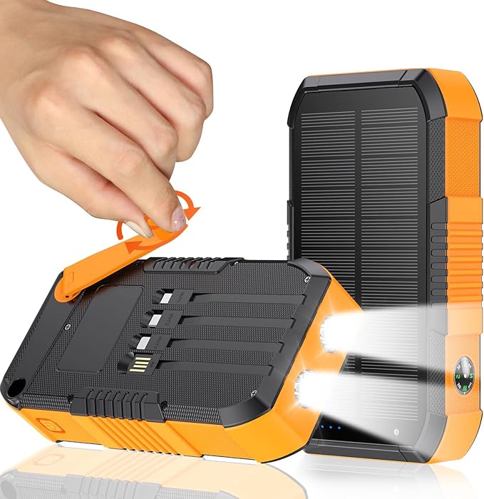 Hand CrankPower Bank 66800mAh and 4 Cables 22.5W Fast Charge Power Bank 5 Outputs & 3 Inputs Solar Portable Charger (Orange)