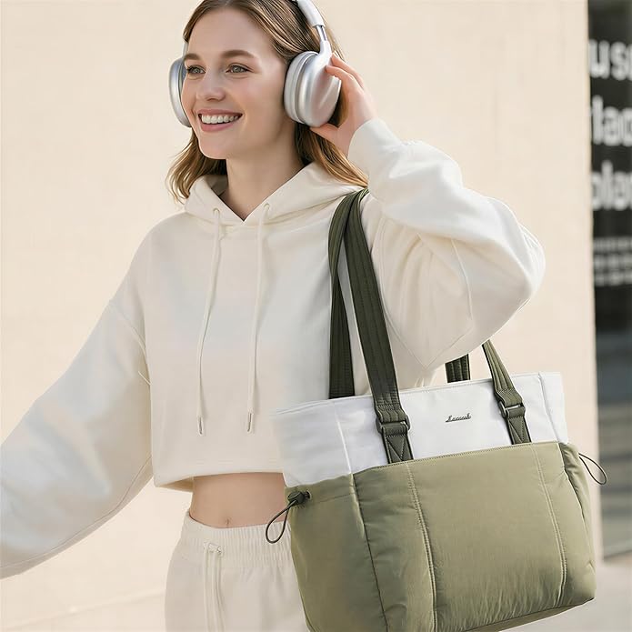 LOVEVOOK Tote Bag for Women, Puffy Work Tote with Large Cup Holder, Quilted Laptop Bag Travel Tote Shoulder Bag Handbag