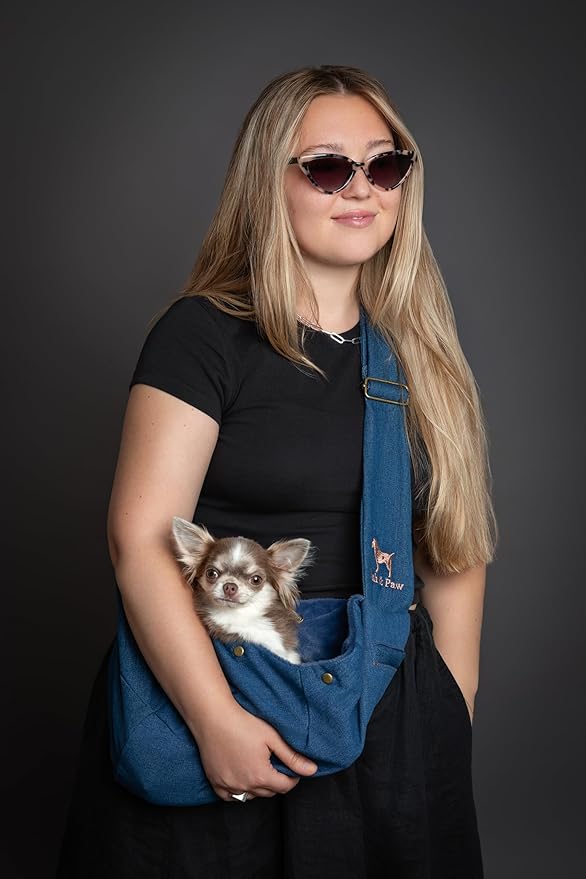 Noah & Paw Dog Sling Carrier for Small Dogs 3-10lb, Dog Sling for Small Dogs and Cats, Dog Carrier with Adjustable Padded Strap, Premium Denim, Lined with Fur, Double Safety Feature, Machine Washable