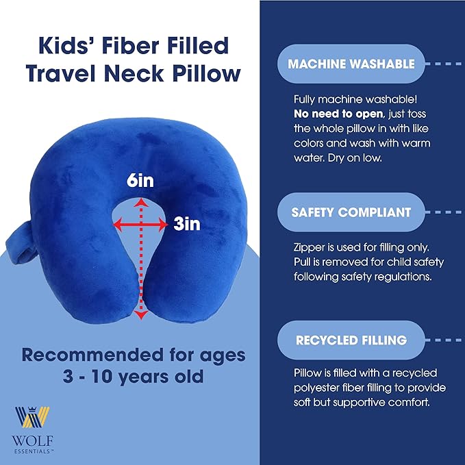Wolf Essentials Kids Travel Neck Pillow - Cozy Soft Microfiber, Compact Design for Airplane, Car Seat, or Toddler Travel Support – Blue