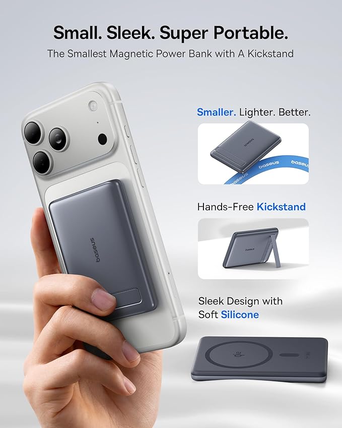 Baseus Picogo Power Bank, Smallest Qi2 Certified 15W MagSafe Portable Charger, 0.5" Ultra Slim 5000mAh Magnetic Battery Pack with Stand, Alloy Wireless Charger for iPhone 17 Pro Max/17 Air/17e Series