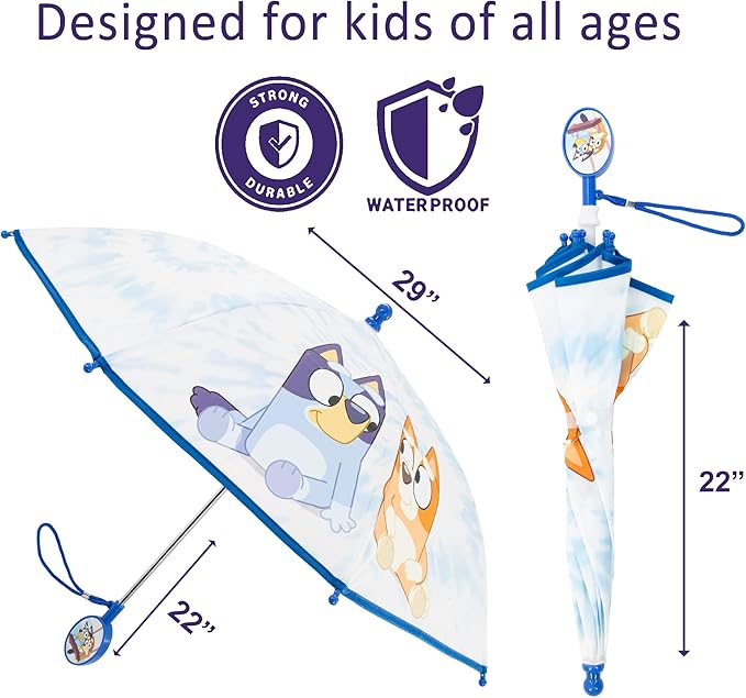 Bluey Umbrella for Toddlers and Kids, Waterproof and Bingo Canopy, Character Handle, Wrist Strap, 29 Inch
