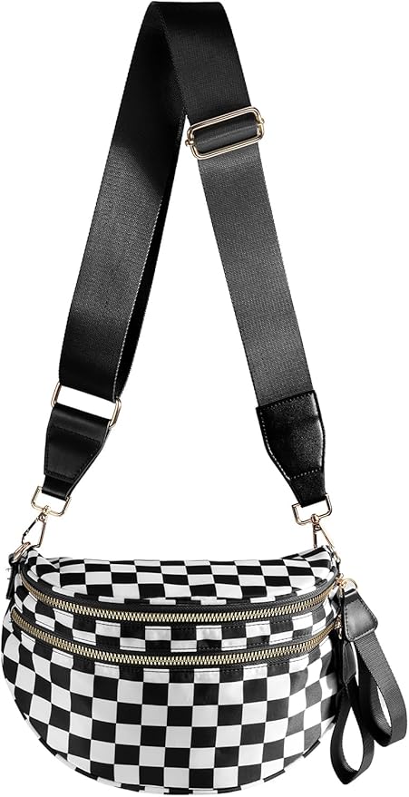 Black and White Checkered Crossbody Bag Bum Bag for Women,Spacious Checkered Purse Fanny Packs Belt Bag
