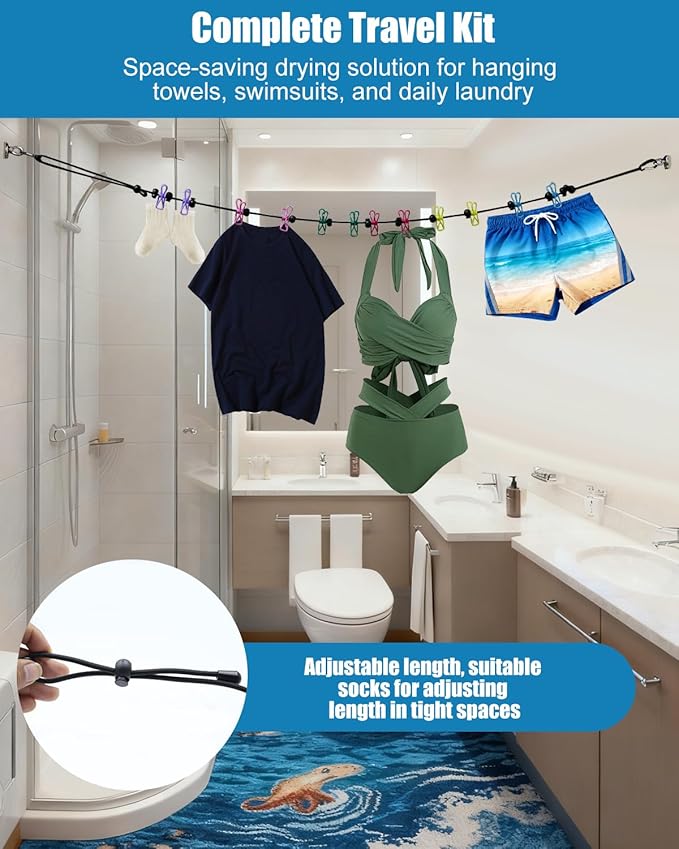 Magnetic Retractable Clothesline for Cruise Ship, 2026 Travel Clothesline with 12 Anti-Slip Clips & Waterproof Storage Bag, Portable Travel Laundry Line, Cruise Essentials for Cabin, Camping, RV