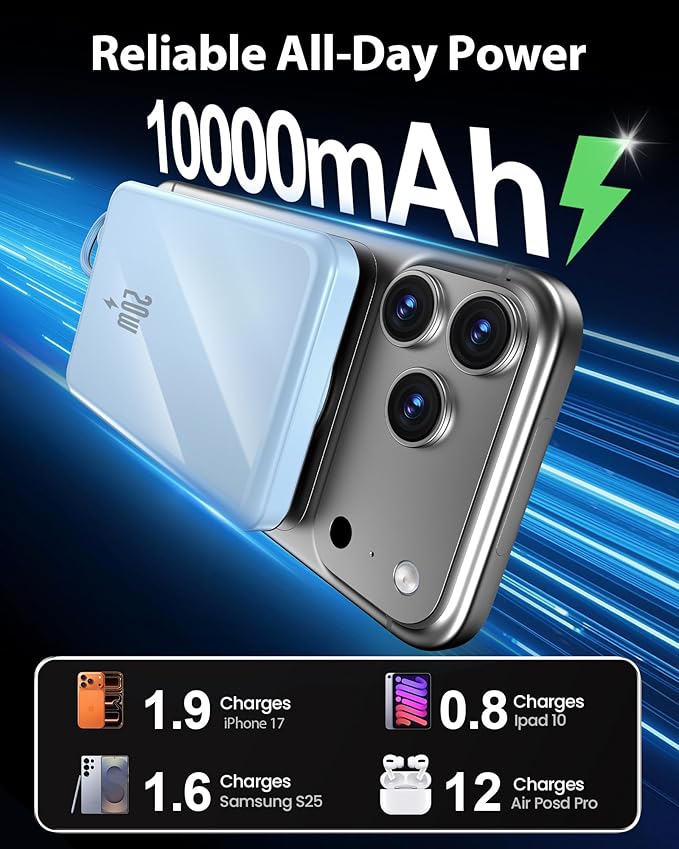 golioklsy Portable Charger Power Bank, 10000mAh Phone Charger with Built-in Cable, 20W PD Fast Charging, Slim Battery Pack with LED Display, Travel Essential for iPhone 17/16/15/14 All Series, Blue