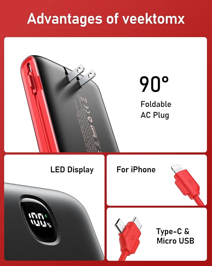 VEEKTOMX Portable Charger with Built in Cables 20000mAh, Power Bank for iPhone with AC Wall Plug, Fast Charging USB C Slim Battery Pack with LED Display Compatible with iPhone 17/16/15, Samsung