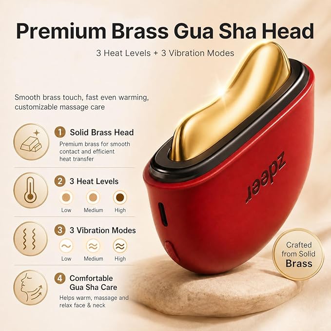 ZDEER LED Red Light Therapy for Face & Neck Massager Facial Care Device – Electric Gua Sha Brass Tool with Heat & Vibration for Firming, Sculpting & Skincare, Red