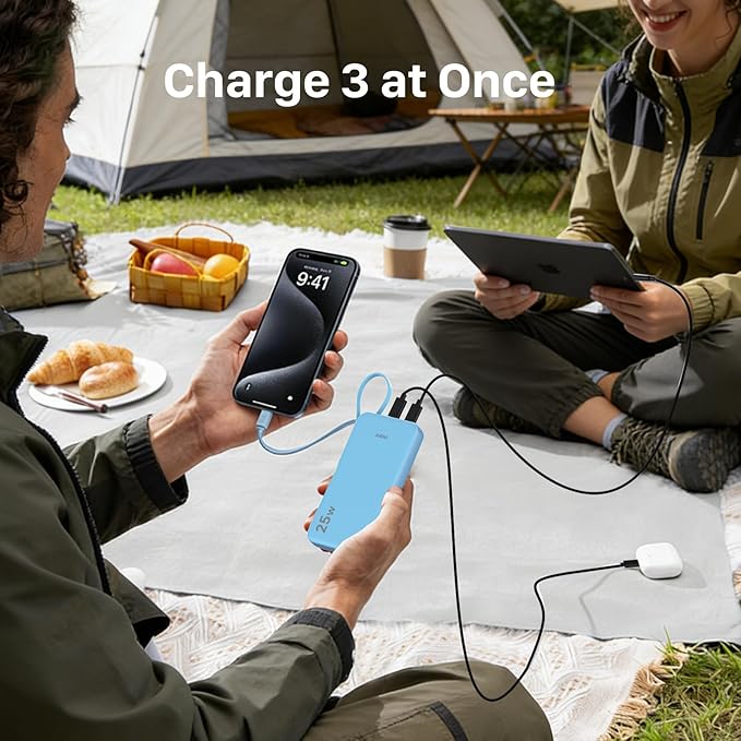 JUOVI 25W Portable Charger, 10000mah Power Bank Fast Charging with Built-in USB-C Cable, Battery Pack with LED Display, Portable Phone Charger for iPhone 17 16 15 14 Samsung S24 S23 iPad Tablets