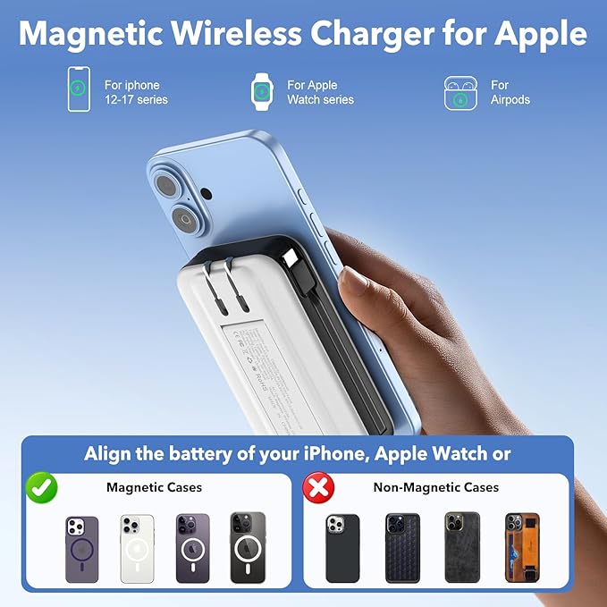 Magnetic Portable Charger 10000mAh for iPhone with Built-in Cables and Wall Plug,Wireless Power Bank with iWatch Charger,LCD Display 22.5W Fast Charging Battery Pack for iPhone 16/15/14/13/12 (White)
