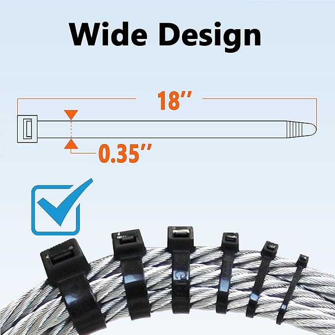 200lb Zip Ties Heavy Duty 18 Inch 70pcs, Large White Cable Tie, Thick Heat Resistant Zipties, Big Wide Clear Wire Ties, Industrial Tie Wraps for Outdoor Use