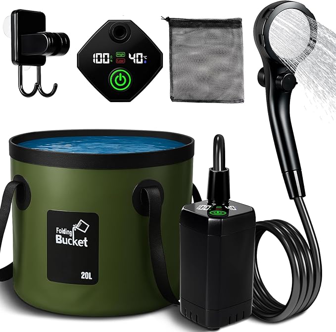 Portable Camping Shower, 6000mAh Rechargeable Shower Pump, Large Capacity Foldable Bucket, 6' 7" Filtered Shower Head, Summer Beach, Outdoor Camp Showering, Hiking, Pet Bath, RV Car Wash, Water Plant