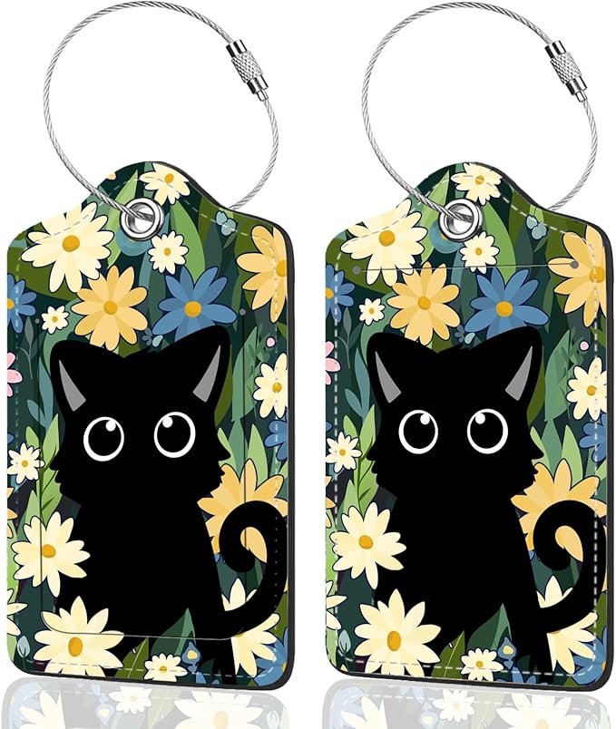 2Pack Luggage Tags for Suitcases, Cute Unique Pu Leather Cruise Luggage Tag with Privacy Cover ID Label Address Card and Metal Ring Suitable for Women Men Kids Travel Bag Yellow Flowers and Cats