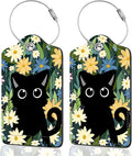2Pack Luggage Tags for Suitcases, Cute Unique Pu Leather Cruise Luggage Tag with Privacy Cover ID Label Address Card and Metal Ring Suitable for Women Men Kids Travel Bag Yellow Flowers and Cats