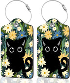 2Pack Luggage Tags for Suitcases, Cute Unique Pu Leather Cruise Luggage Tag with Privacy Cover ID Label Address Card and Metal Ring Suitable for Women Men Kids Travel Bag Yellow Flowers and Cats