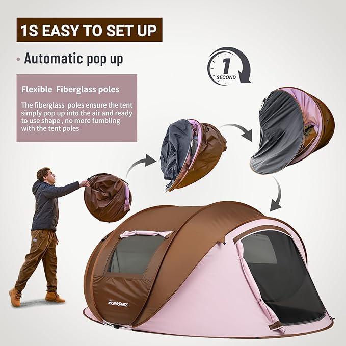 EchoSmile Pop Up Camping Tent, 2/4/6 Person Easy Setup Tent, Water Resistant Dome, Portable with Carry Bag