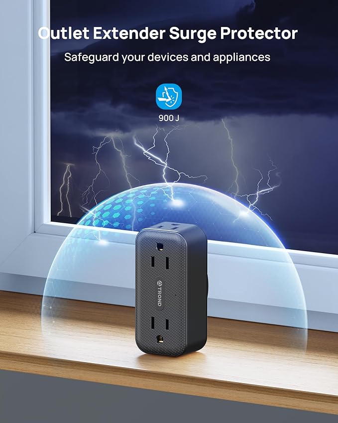 TROND 360 Rotating Outlet Adapter, Surge Protector Outlet Extender with 4 AC, 900 Joules Surge Protection, A Small Charging Station, Wall Plug Extender for Home Office Travel, Black