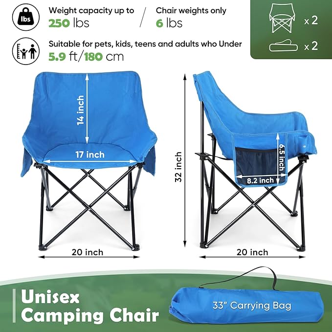 HaSteeL Camping Chair for Adults, Compact Folding Portable Chairs Set with Side Pockets for Outdoors Fishing, Hiking, Backpacking, Picnic, Beach, Travel, Supports to 250lbs, & Storage Bags (Blue)