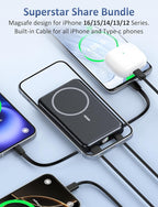 Magnetic Portable Charger, 10000mAh Power Bank, 5 in 1 Portable Charger with Built in Cable, 20W Fast Charging for Magsafe Battery Pack Compatible with iPhone 17/16/15/14/13/12 Pro/Pro Max Series