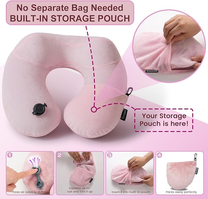 Keemall Inflatable Travel Pillow, Premium Soft Pink Velvet Neck Pillow, Washable Lightweight Portable Travel Essentials for Flight Road Trip Camping Office, Ideal Travel Gift for Women Girls