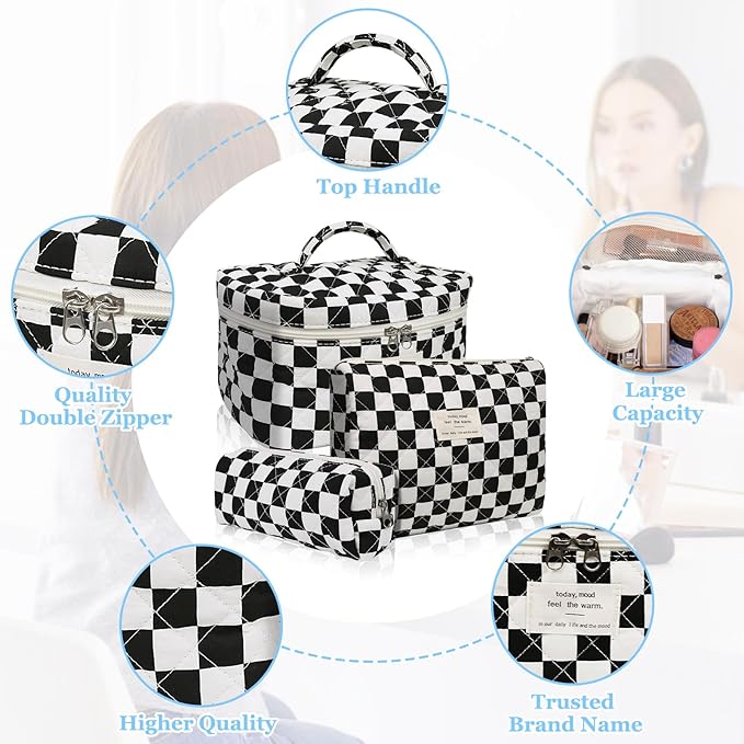 Gosect Makeup Bag Set, Quilted Makeup Bag, Large Floral Cosmetic Bag for Women, Cute Cotton Makeup Bags, Flower Travel Toiletry Organizer Bag (Black Checkered)