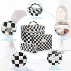 Gosect Makeup Bag Set, Quilted Makeup Bag, Large Floral Cosmetic Bag for Women, Cute Cotton Makeup Bags, Flower Travel Toiletry Organizer Bag (Black Checkered)