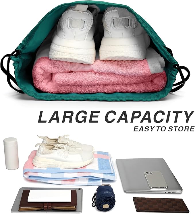 Drawstring Backpack Sports Water Resistant String Bag Sport Gym Sackpack for Women Men Students Large Size with Zipper, Teal