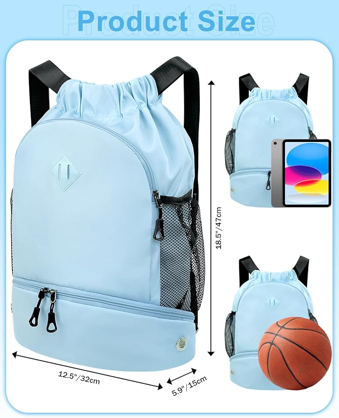 RHDZO Drawstring Backpack Gym Backpack with Shoe Compartment for Men Women String Sports Bag with Wet Pocket Cinch Swim Beach Bag, Large Blue