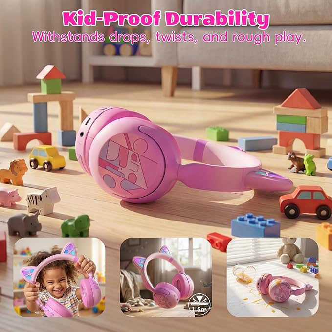 Kids Bluetooth Headphones with LED Cat Ears, Active Noise Cancelling Headphones for Kids, 85dB Volume Limited, 40H Play Time, Bluetooth 6.0, Fast Charging, Built-in Mic for iPad/Tablet/Airplane, Pink