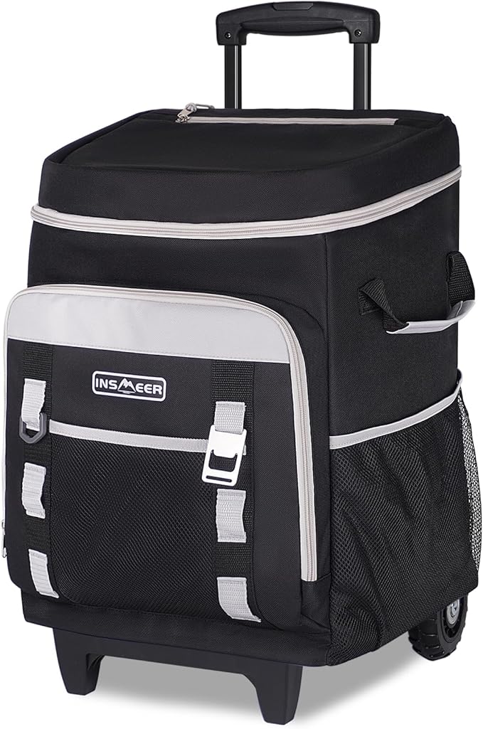 INSMEER Cooler with Wheels and Handle, 80 Cans/50L Rolling Cooler, Portable Soft Sided Cooler with Wheel, 2-in-1 Collapsible Trolley Cart, Large Coolerbag for Grocery Shopping